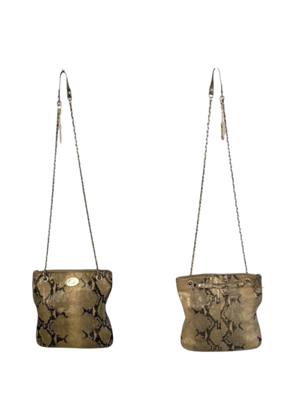 DKNY ᪥ Crossbody Leather Convertible Bag ᪥ Double Chain ᪥ Metallic Python Print - Picture 3 of 16